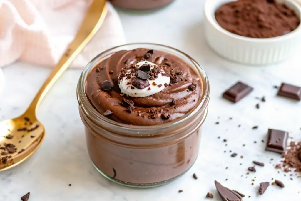 A jar of rich chocolate protein pudding topped with whipped cream and chocolate shavings.