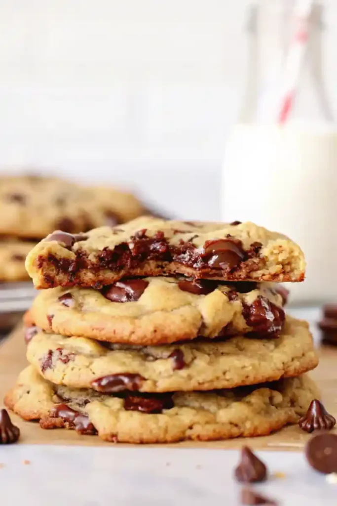 A stack of small batch chocolate chip cookies with melted chocolate and a bite taken out of the top cookie.