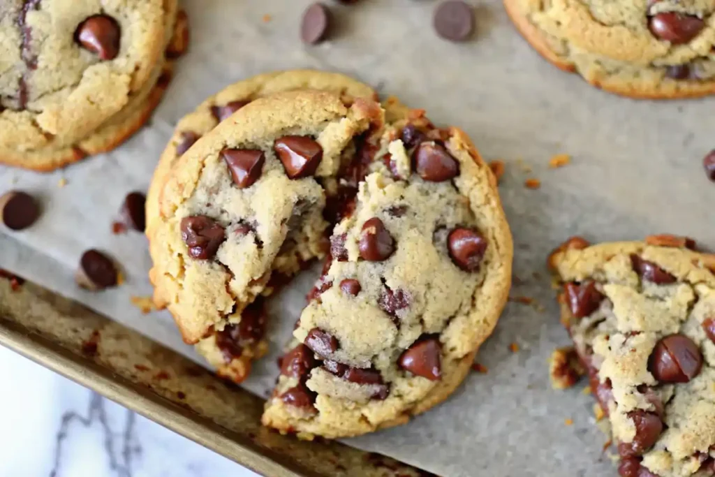 Freshly baked small batch chocolate chip cookie broken in half, showing gooey chocolate chips.