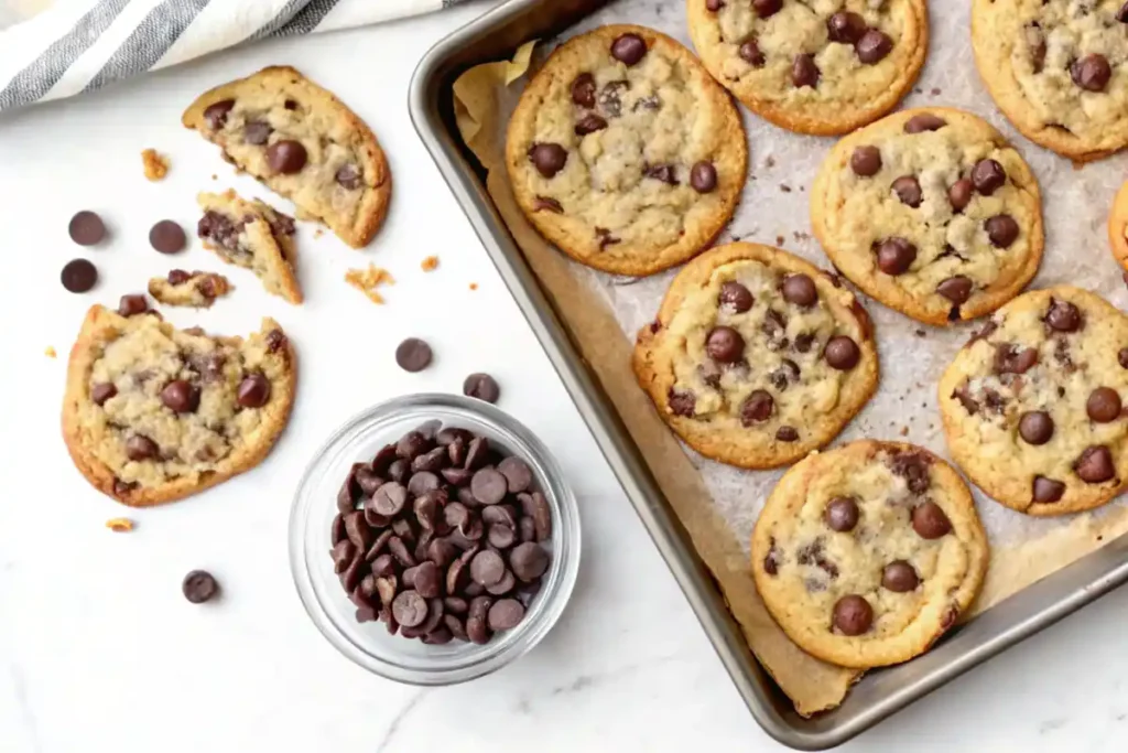 A tray of small batch chocolate chip cookies with a bowl of chocolate chips on the side.