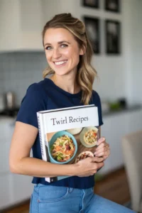 Sofia holding Twirl Recipes cookbook - easy and healthy recipes blog.