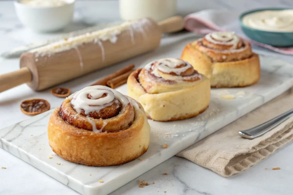 Close-up view of freshly baked cinnamon rolls with creamy icing on a wooden board.