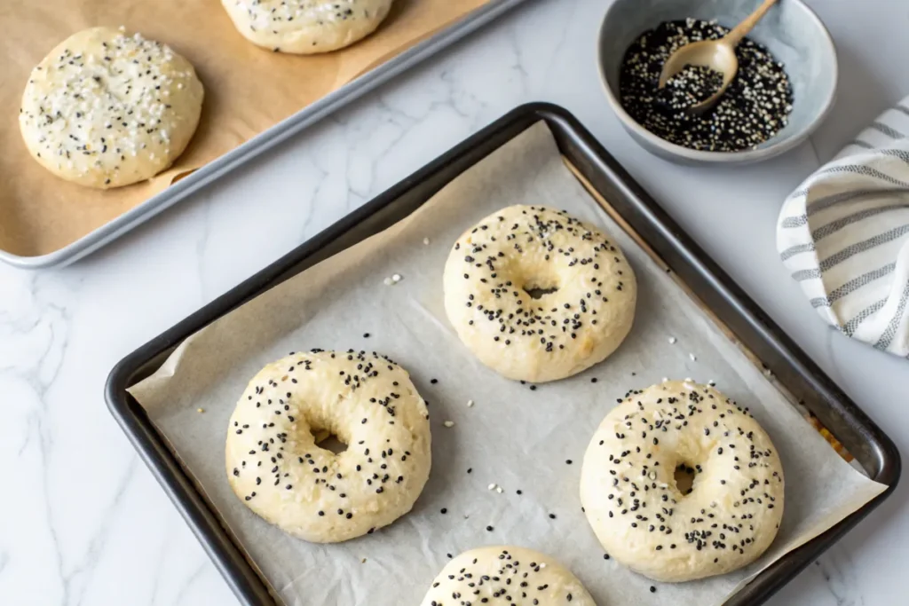 Unbaked bagels on baking trays lined with parchment paper, some topped with black sesame seeds and others with white sesame seeds, accompanied by small bowls of sesame seeds and flour on a light kitchen counter.