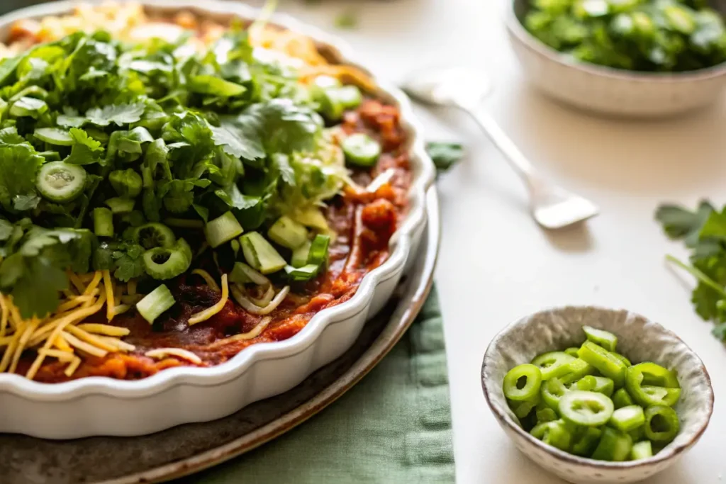 Taco dip garnished with fresh cilantro and sliced green onions in a scalloped ceramic dish.