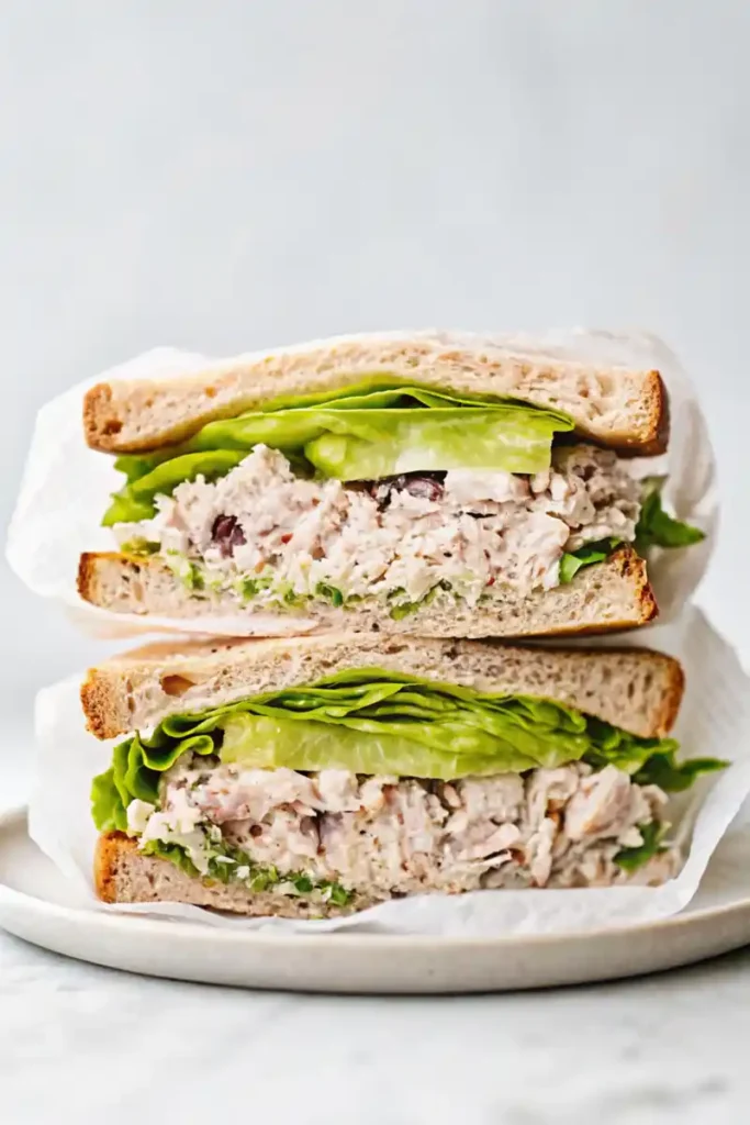 Stacked tuna sandwich halves on a plate