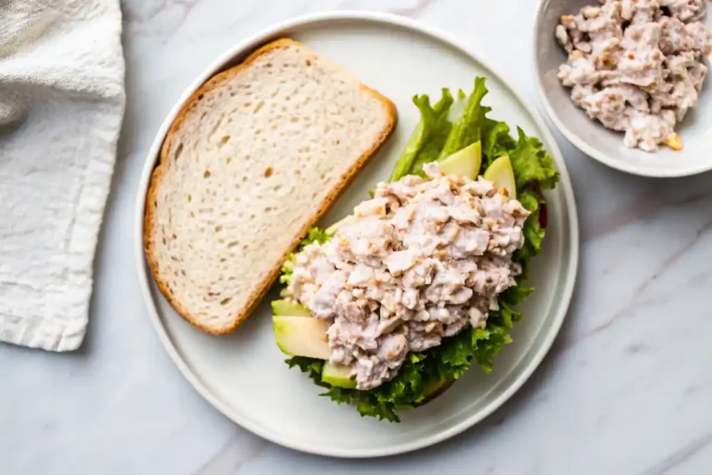 Tuna salad on lettuce and bread slice