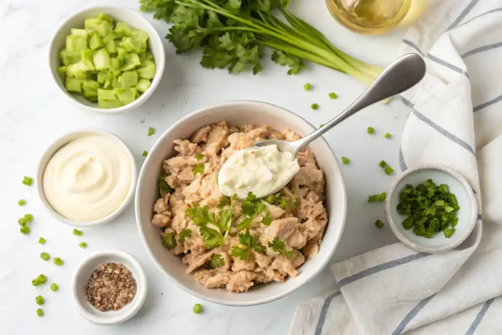 Tuna salad preparation in a bowl