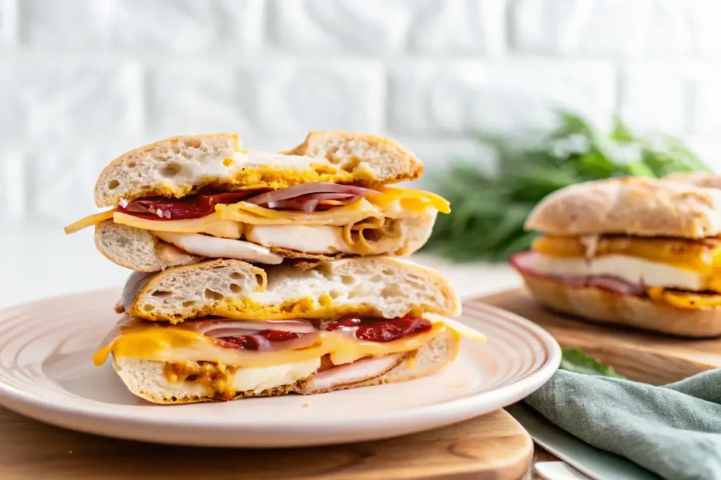 Turkey and cheese sandwich on a Kaiser roll, sliced in half and stacked on a plate.