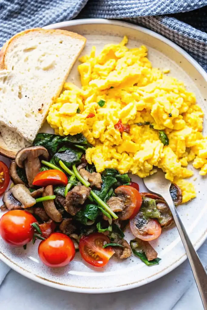 Vegan scrambled eggs with toast and sautéed veggies