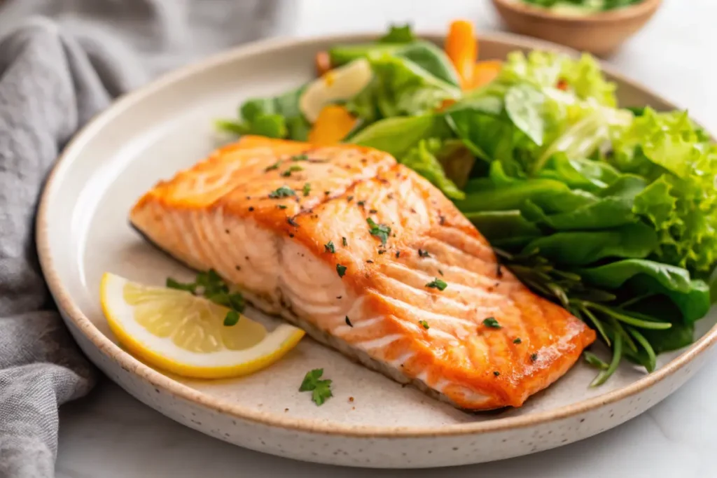 Air-fried salmon fillet served with a fresh green salad and lemon wedge on a white plate.