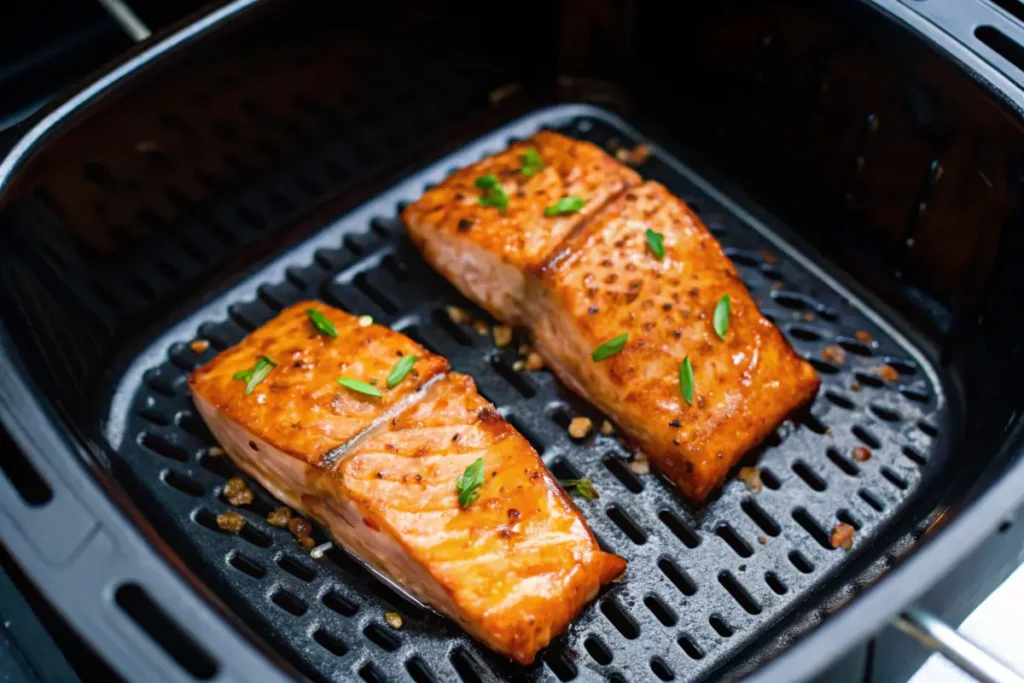 Perfectly cooked salmon fillets in an air fryer basket with a golden, crispy exterior.