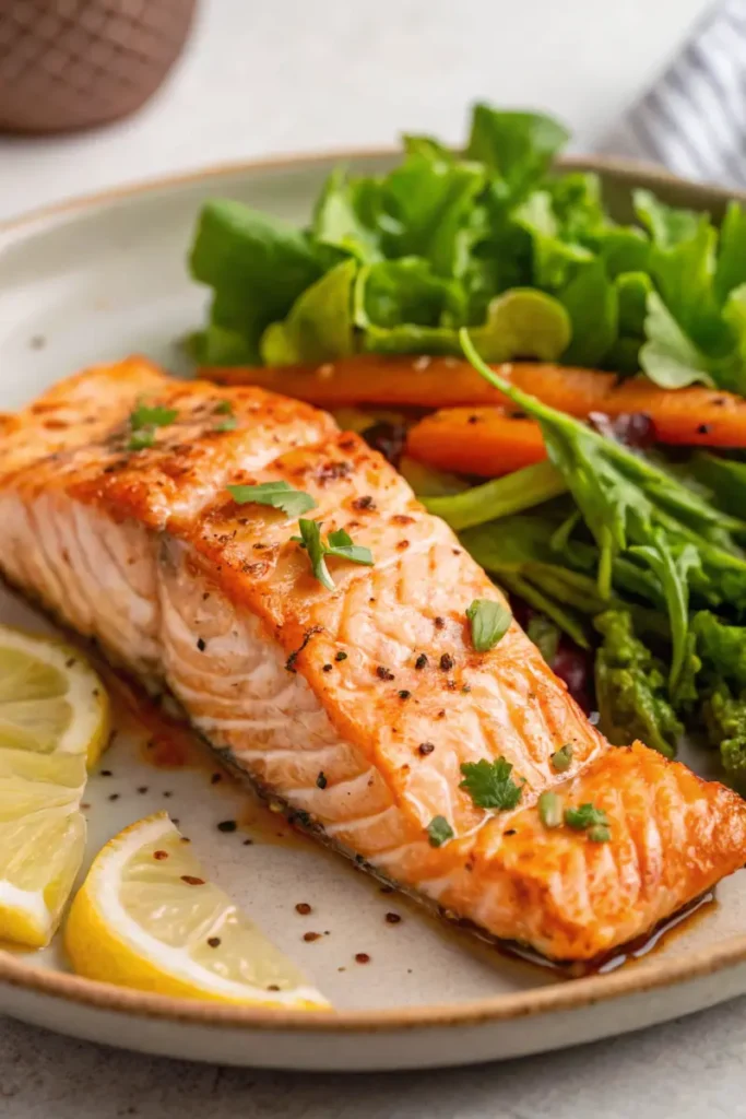 Air-fried salmon with carrots and greens, garnished with parsley on a ceramic plate.