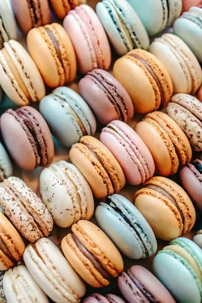 Assorted colorful macarons arranged closely together.