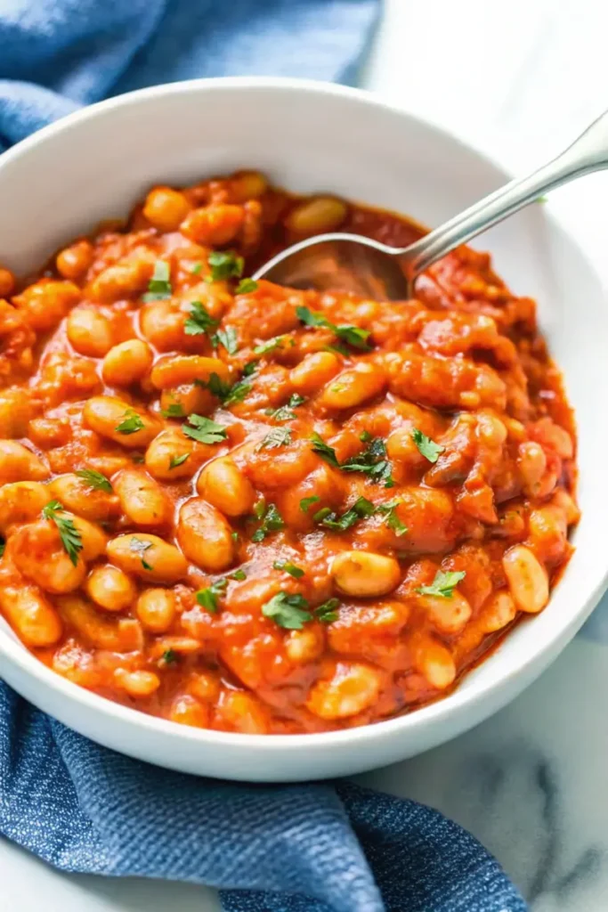 Close-up of a bowl of baked beans recipe garnished with parsley