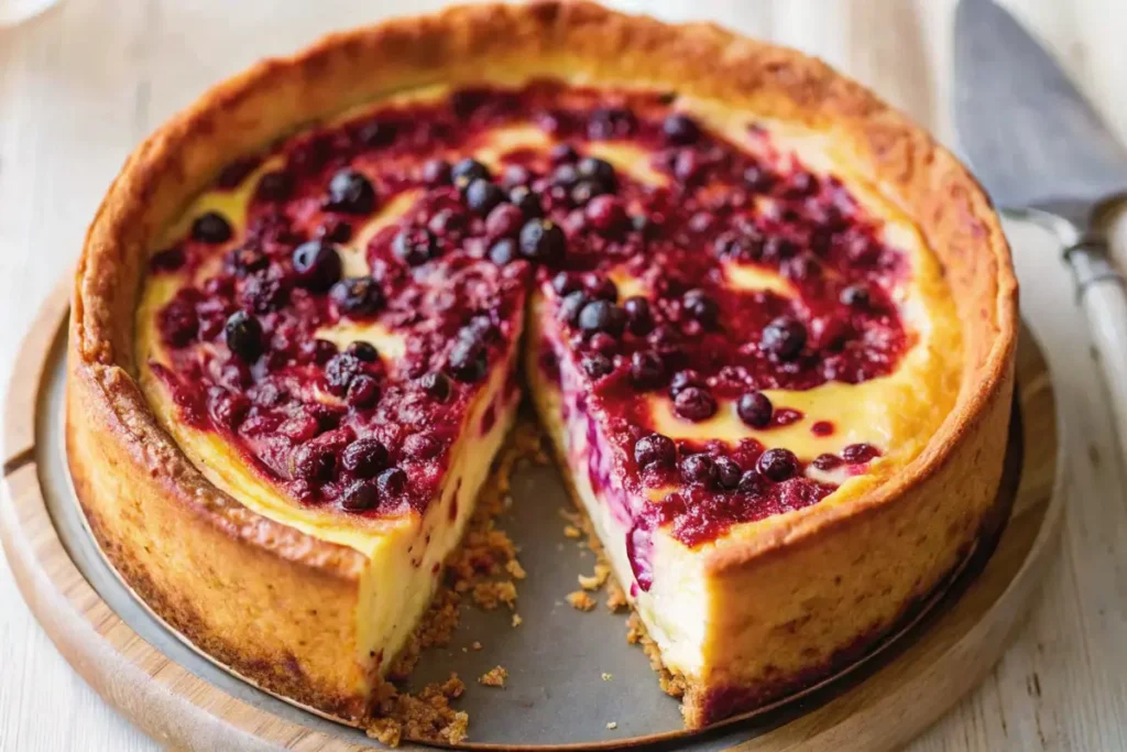 Close-up of a baked cheesecake topped with mixed berries, showcasing its golden crust and creamy texture.