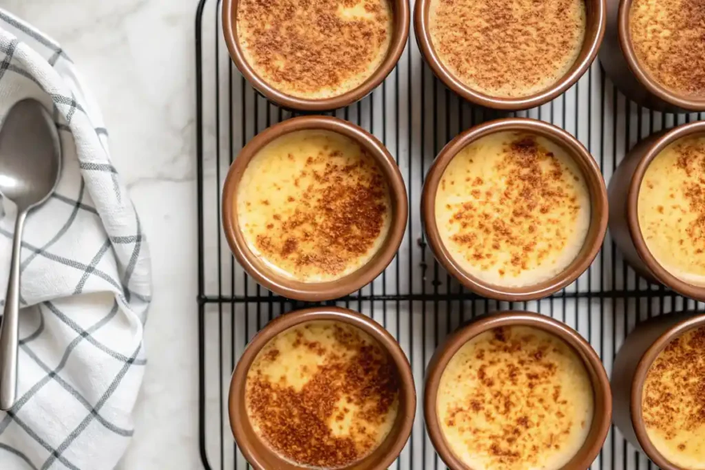 Baked custard desserts in brown ramekins on a cooling rack.