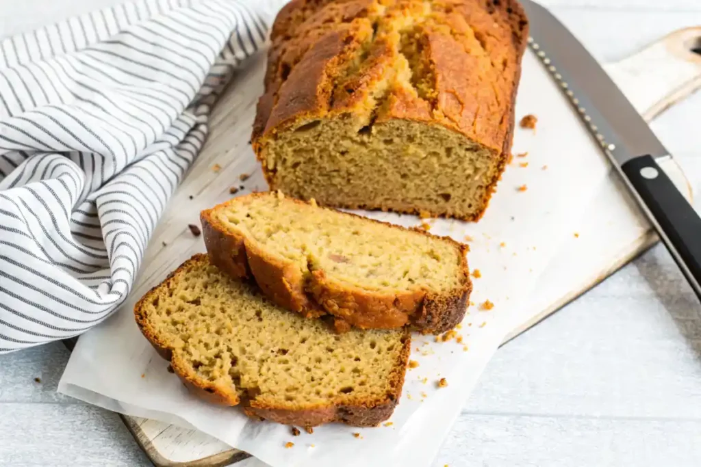 A perfectly baked banana bread loaf on parchment paper with slices cut.