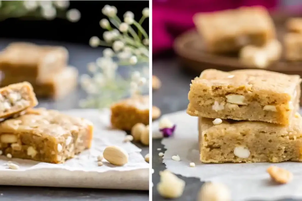 Two blondies with visible white chocolate chips, placed on parchment paper with scattered nuts.