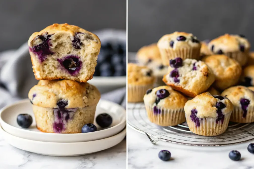 Freshly baked blueberry protein muffins, stacked on a cooling rack with visible blueberries inside.