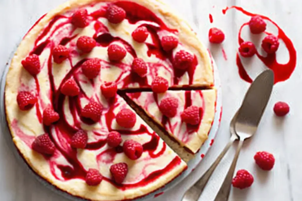 Top view of a baked cheesecake with raspberry swirl and fresh raspberries, garnished elegantly on a marble surface.