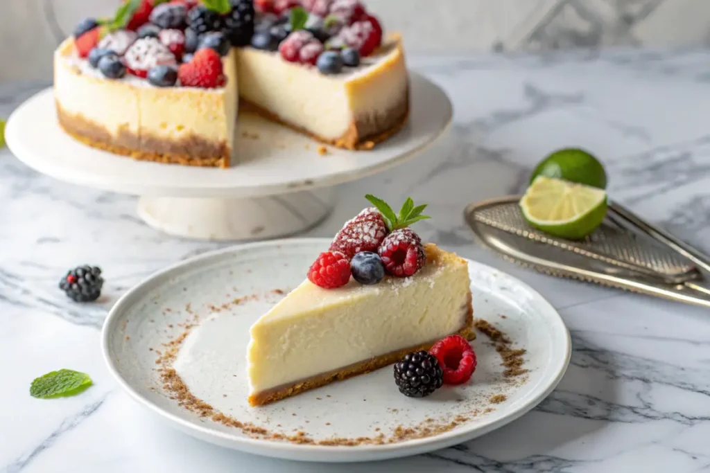 A continental cheesecake slice with fresh berries and mint on a plate, with a lime grater in the background.