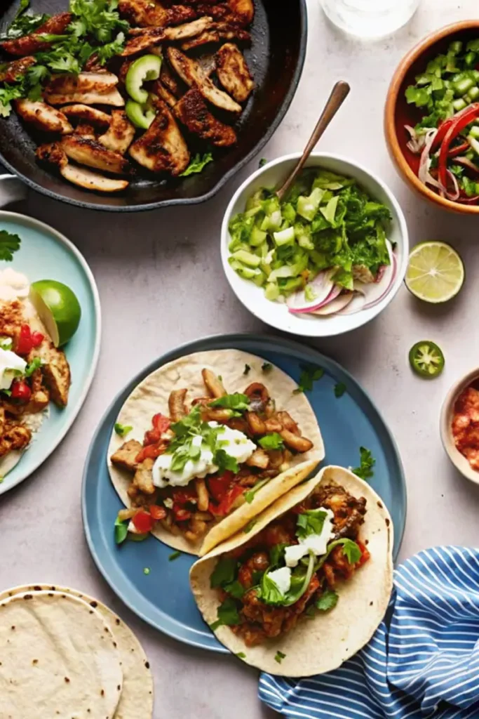 A vibrant plate of sizzling chicken fajitas with sautéed peppers and a basket of chicken tacos garnished with fresh lettuce and tomatoes.