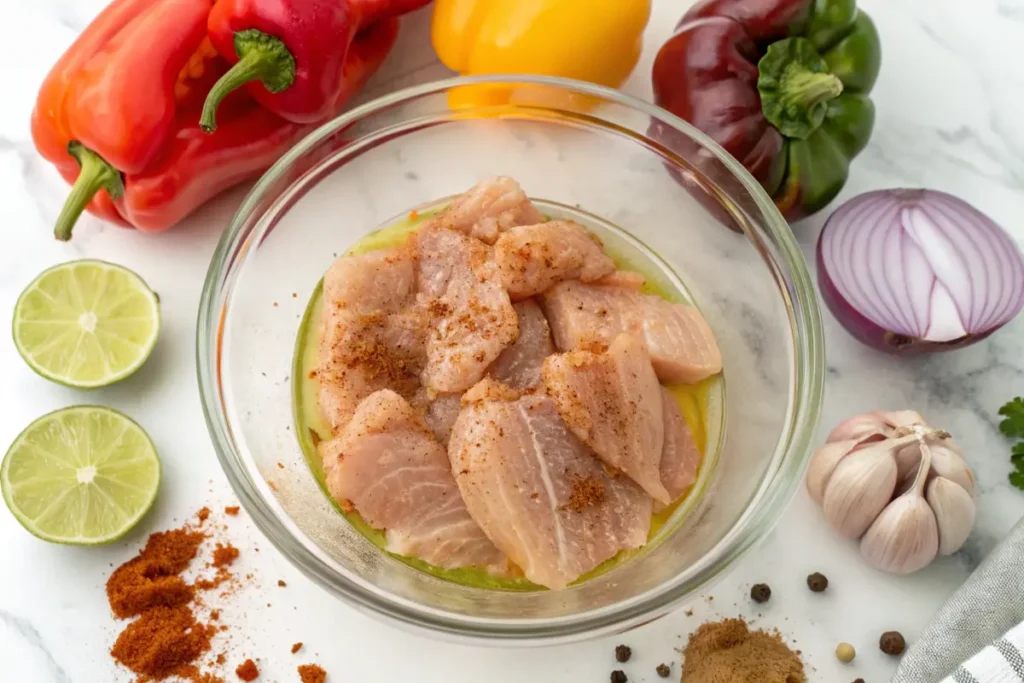 Glass bowl of raw chicken marinating with lime juice and spices, surrounded by fresh vegetables.