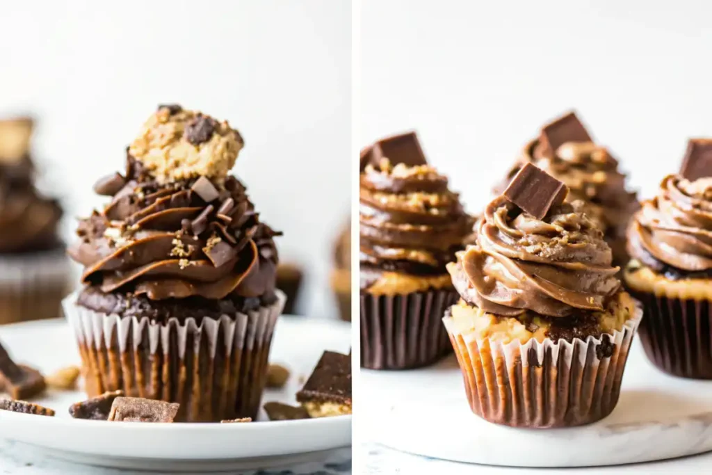 Chocolate cupcakes with rich frosting, topped with chocolate chunks and cookie pieces