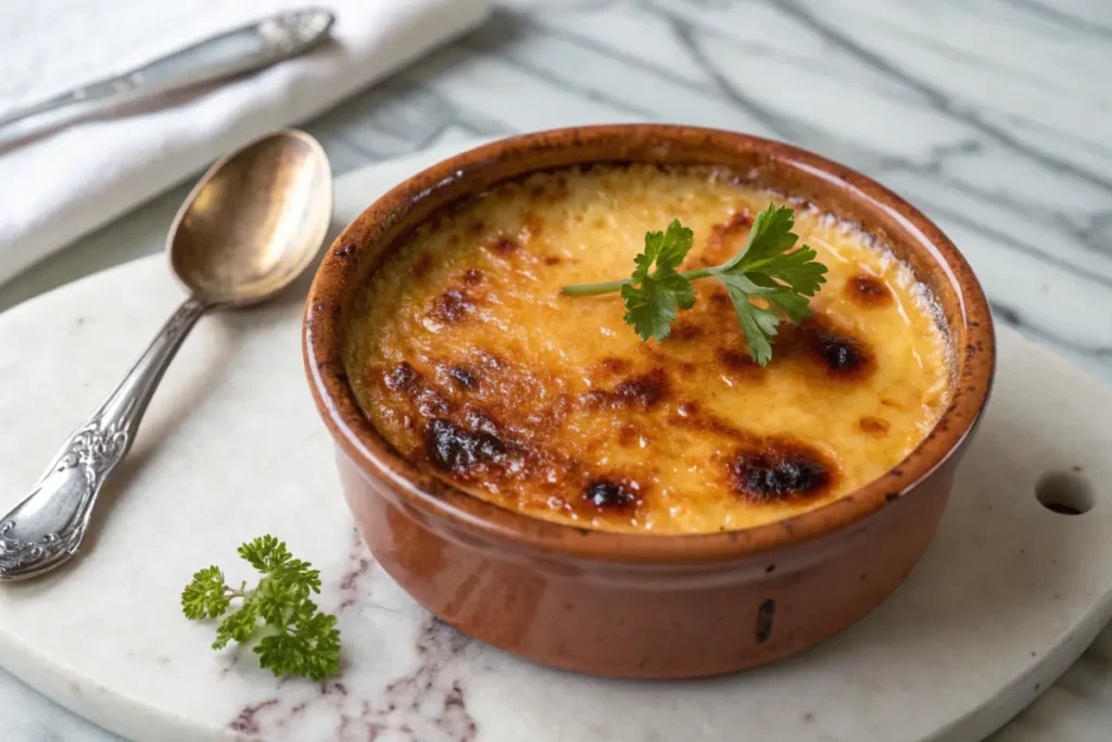 Crab brulee served in a ramekin with a caramelized sugar crust, placed on a white plate