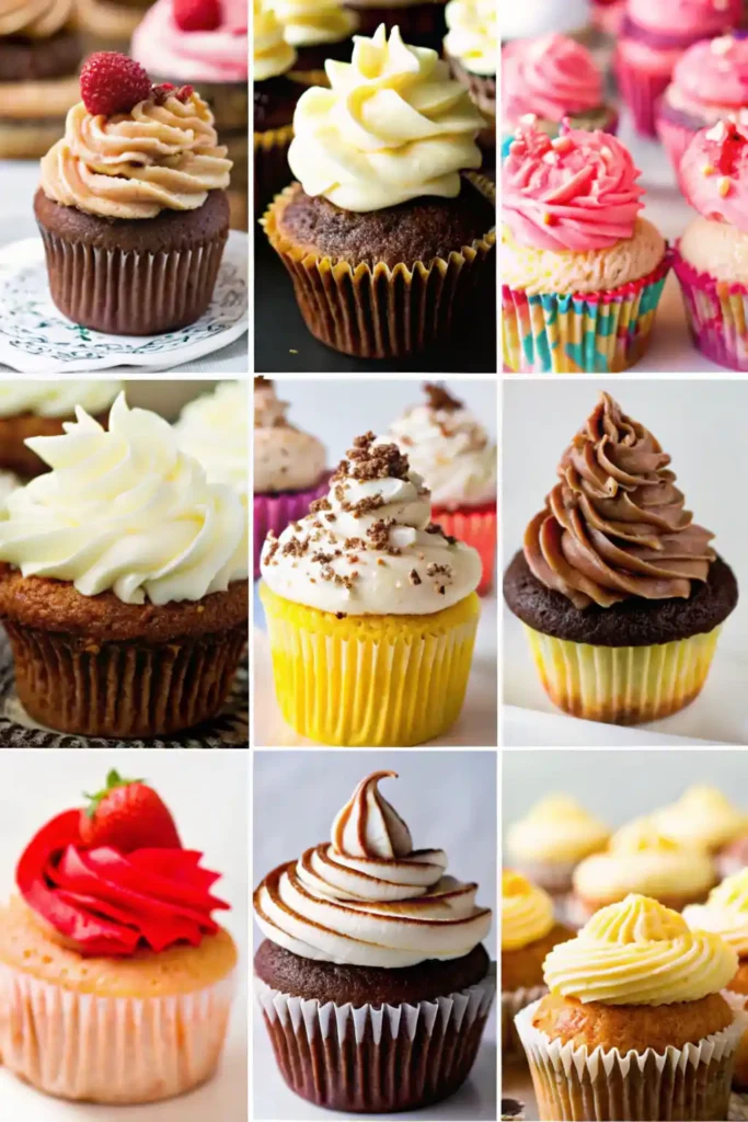 An assortment of cupcakes featuring various flavors like chocolate, vanilla, and red velvet, arranged in a grid