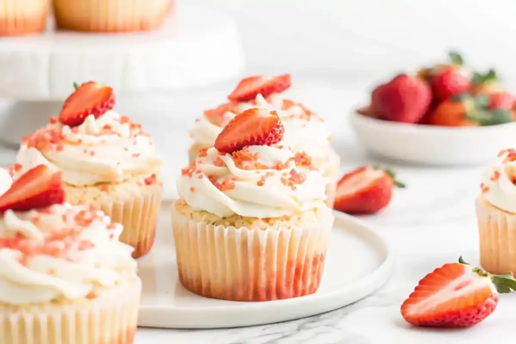 Strawberry cupcakes with creamy frosting, garnished with fresh strawberries on a white plate