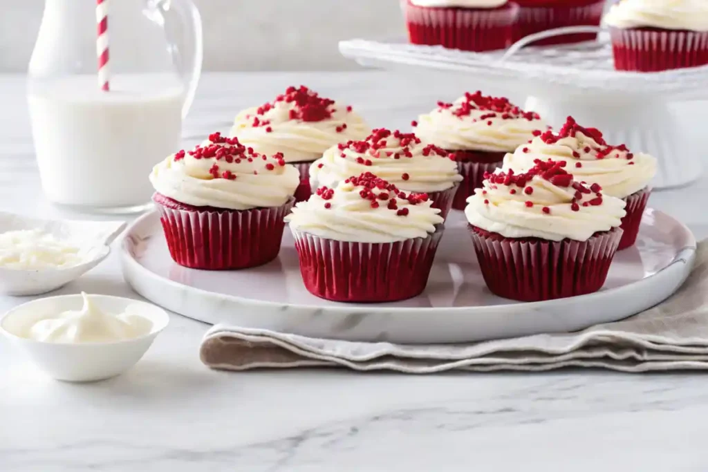 Red velvet cupcakes topped with cream cheese frosting and red sprinkles on a marble tray