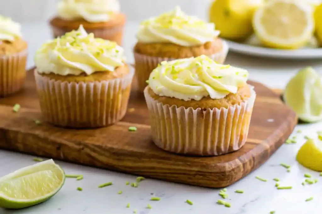 Lemon cupcakes with light frosting, garnished with lime zest on a wooden board