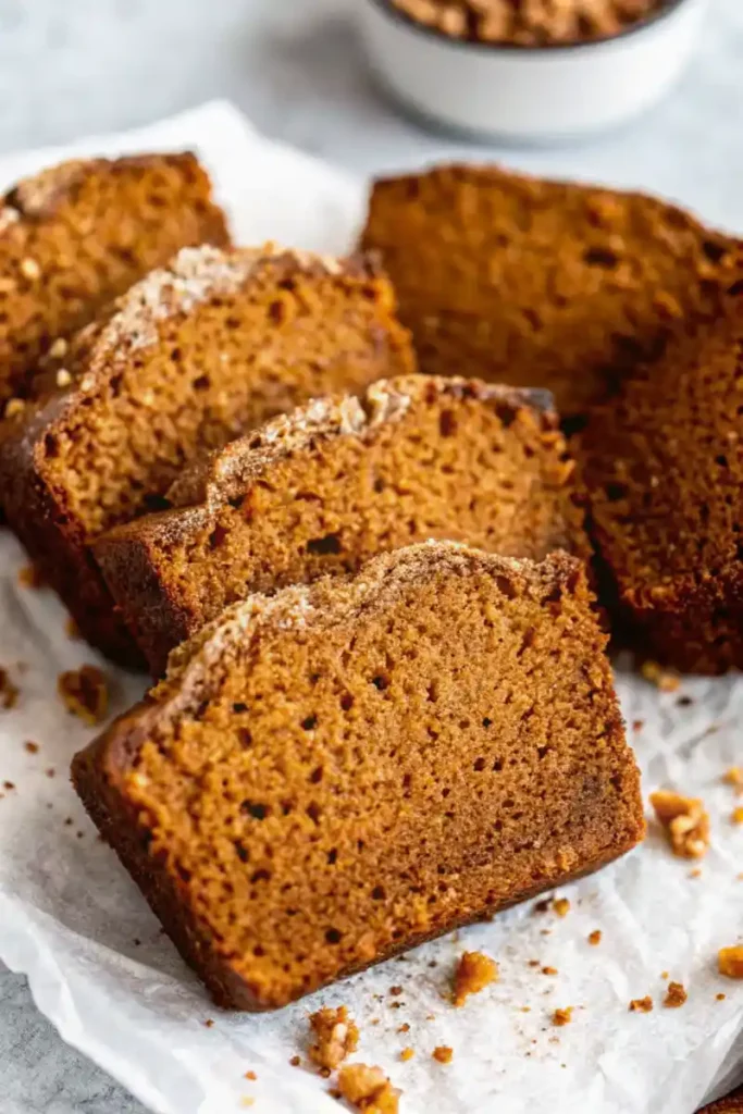 Close-up of slices of gluten free pumpkin bread with a tender texture.