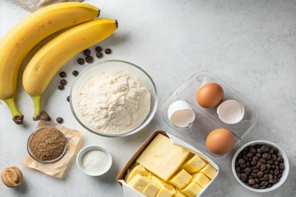 Ingredients for banana bread recipe including bananas, flour, eggs, butter, and chocolate chips.