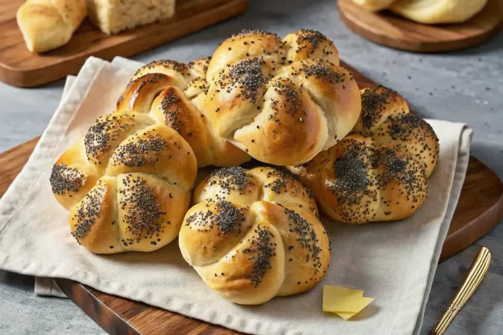 Pile of Kaiser rolls with poppy seeds on a cloth napkin.