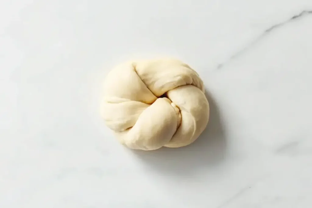 Dough shaped into a classic Kaiser roll knot.