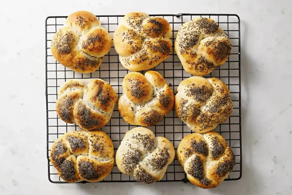 Baked Kaiser rolls cooling on a wire rack.