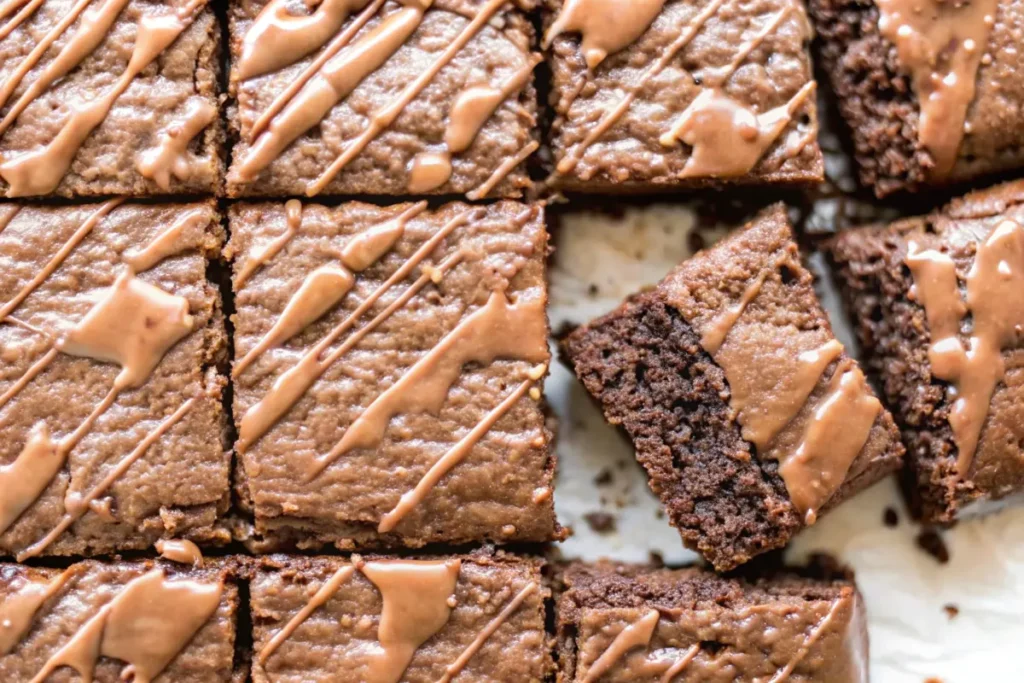 Protein brownies cut into squares, drizzled with a creamy chocolate topping on parchment paper.