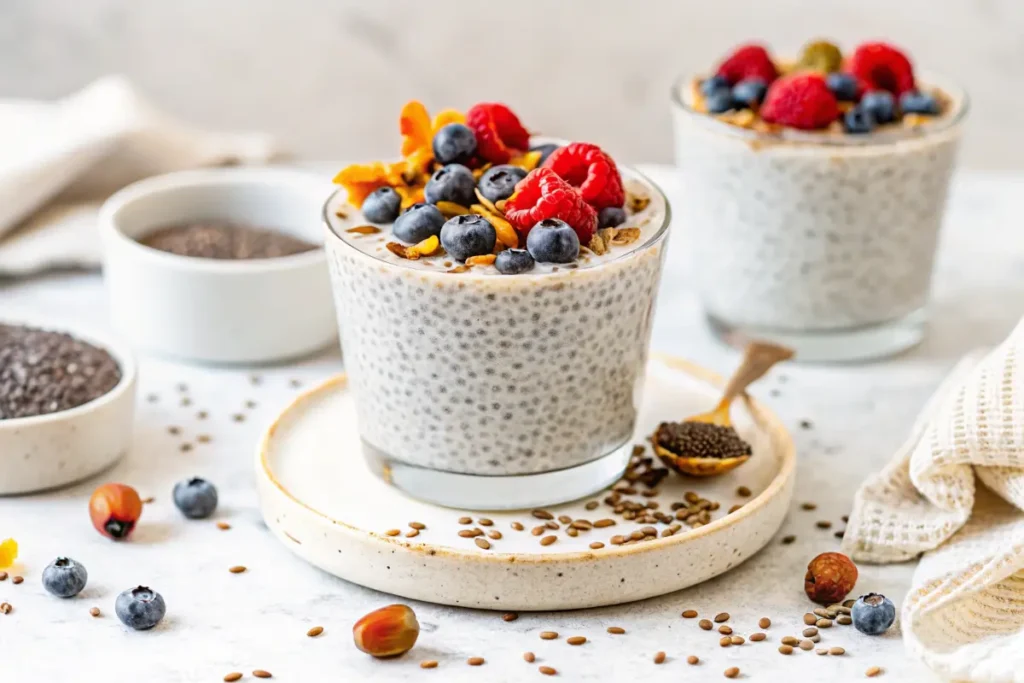 Chia pudding in a glass topped with blueberries, raspberries, and nuts, placed on a minimalist table.