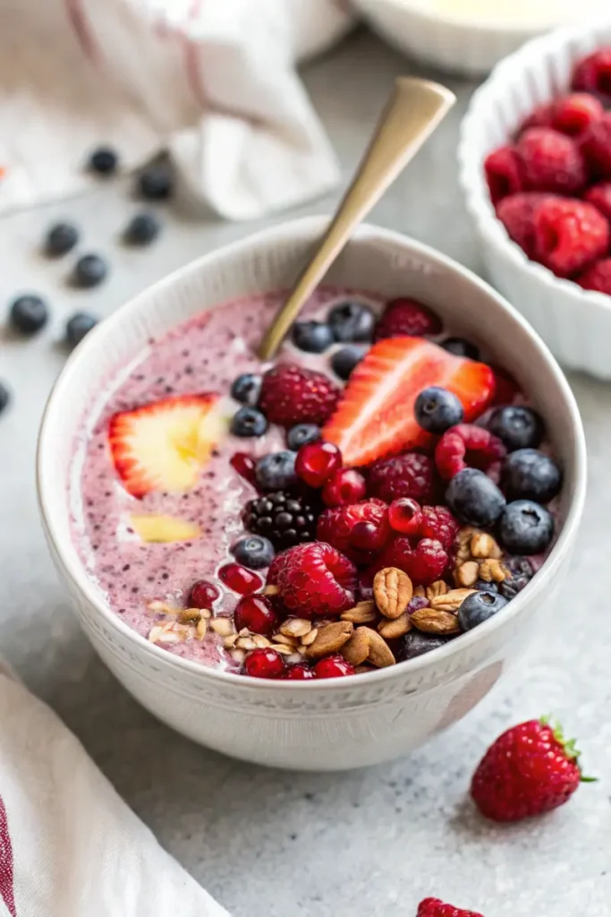 A vibrant bowl of protein chia pudding topped with fresh berries, nuts, and pomegranate seeds.