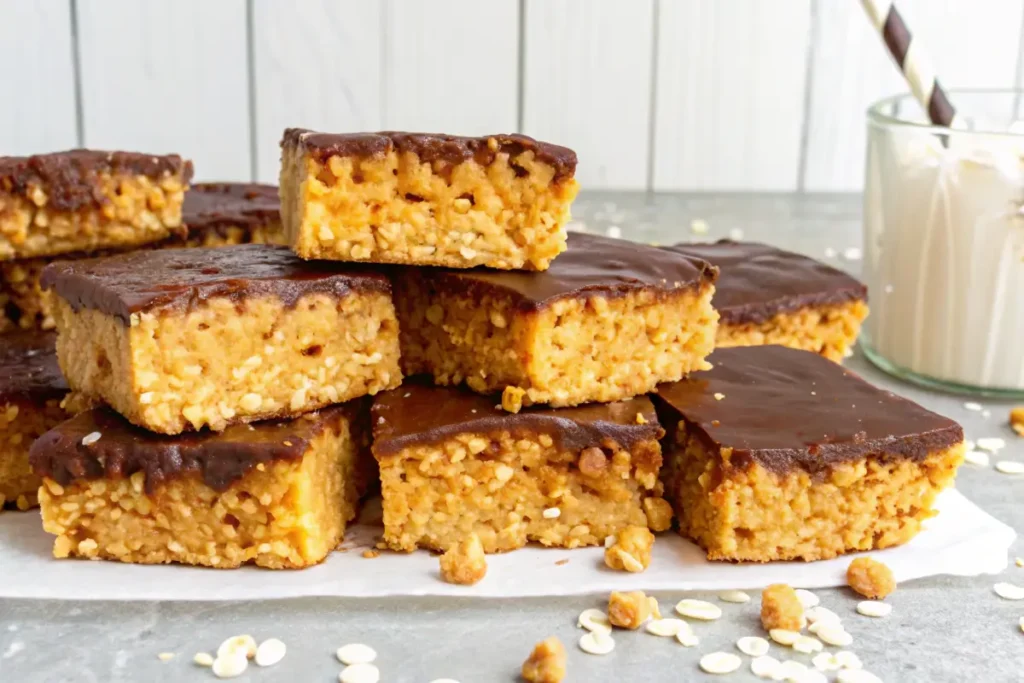 Stacked chocolate Protein Rice Krispies bars