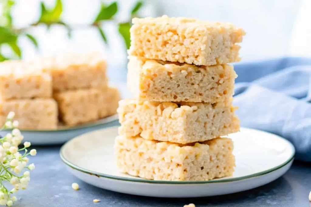 Golden Protein Rice Krispies stacked on a plate