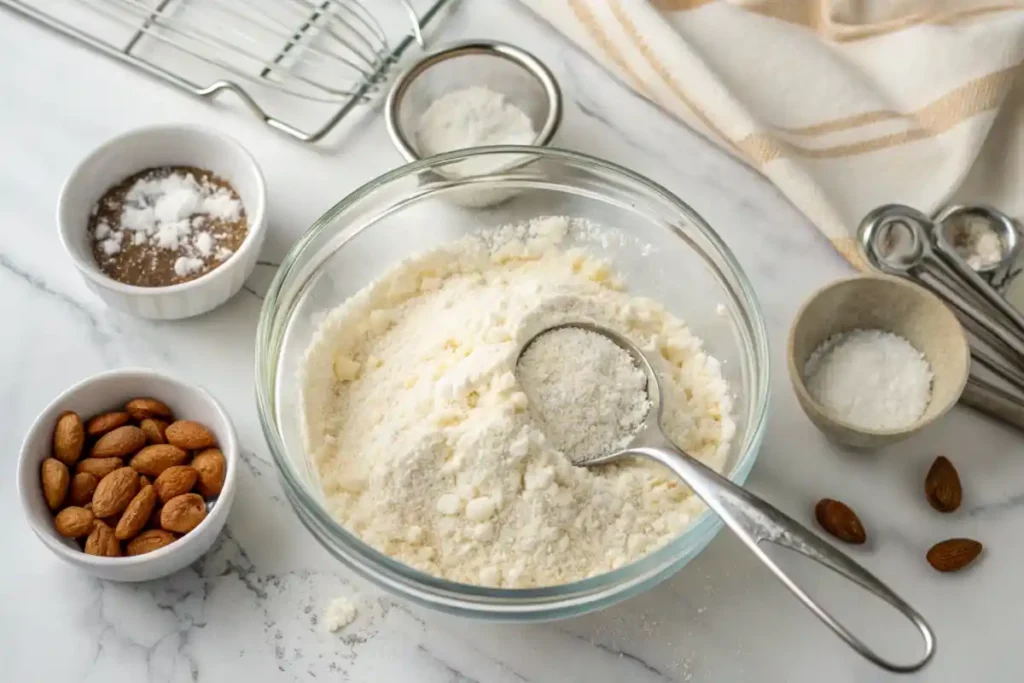 Bowl of almond flour with a scoop, surrounded by measuring tools and raw almonds, on a marble background.