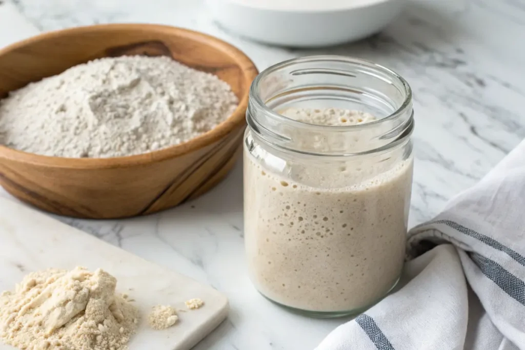 A glass jar filled with bubbling sourdough starter