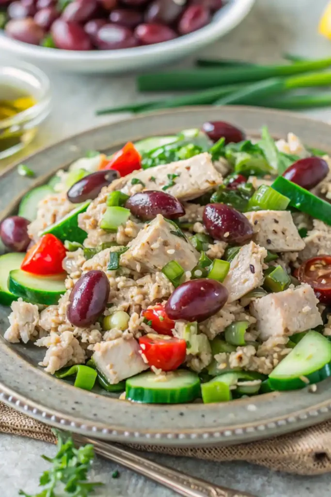 A vibrant tuna salad with kalamata olives, diced cucumbers, cherry tomatoes, and fresh herbs served on a ceramic plate