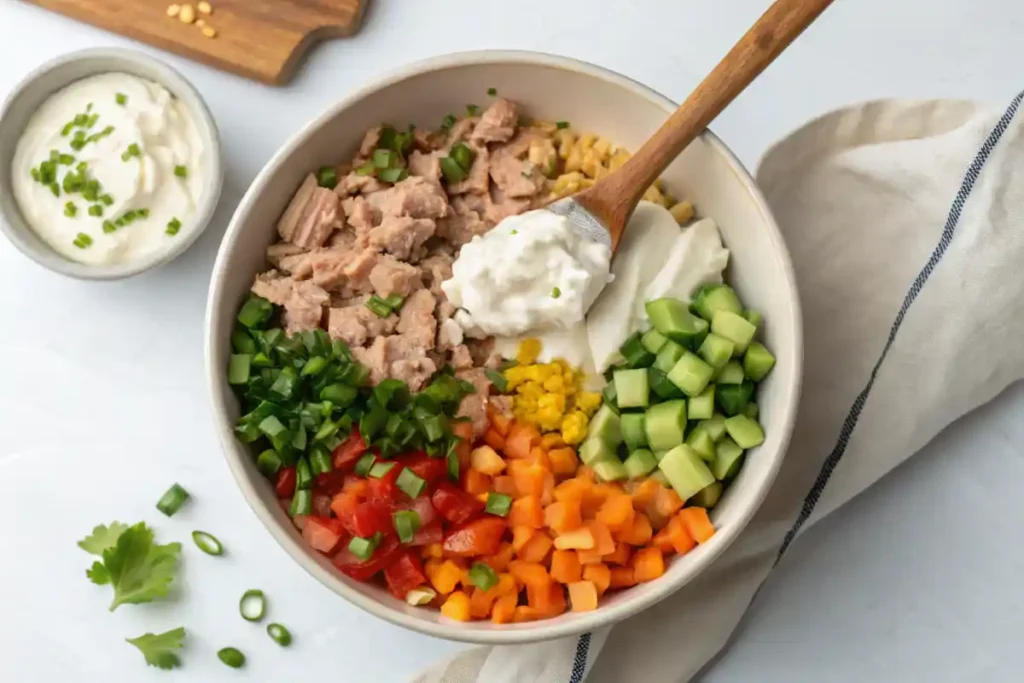 A bowl of tuna salad being prepared with colorful vegetables and creamy dressing, ready to be mixed