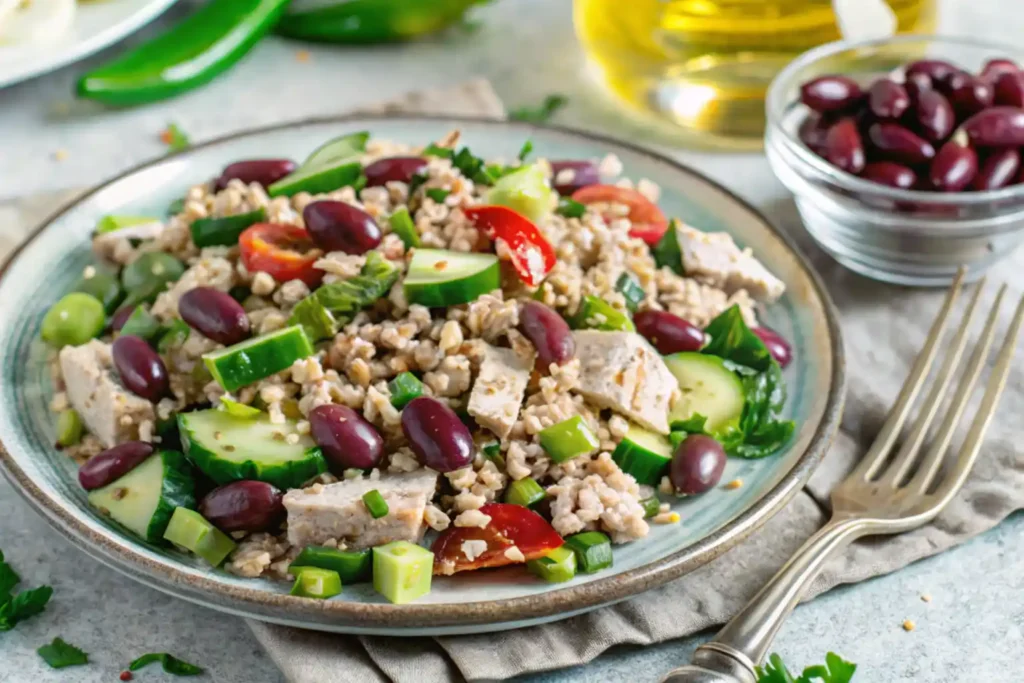 Tuna salad with cucumbers, tomatoes, olives, and grains served on a rustic plate with olive oil in the background