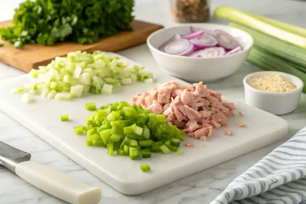 Chopped ingredients for tuna salad including celery, red onion, and tuna neatly arranged on a white cutting board