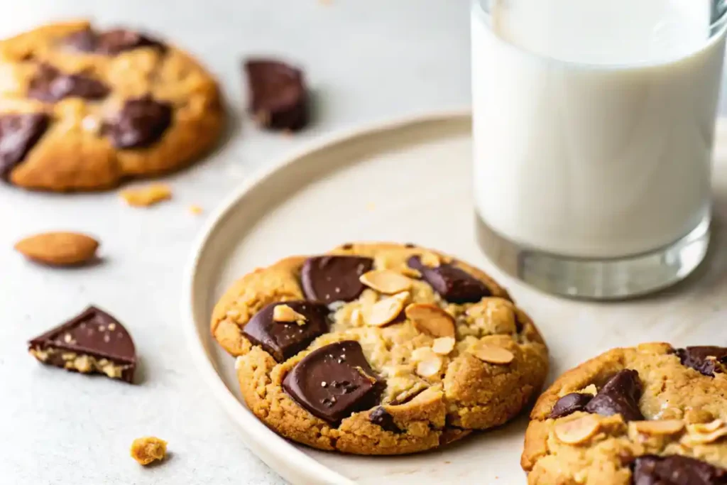 Vegan cookies with chunks of dark chocolate and peanuts scattered on parchment paper